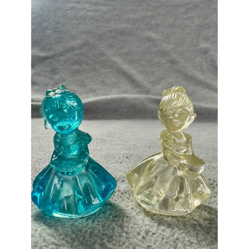 Vintage Miniature Plastic Girl Figurines Teal Blue Yellow 1.5 Inch Set of 2
